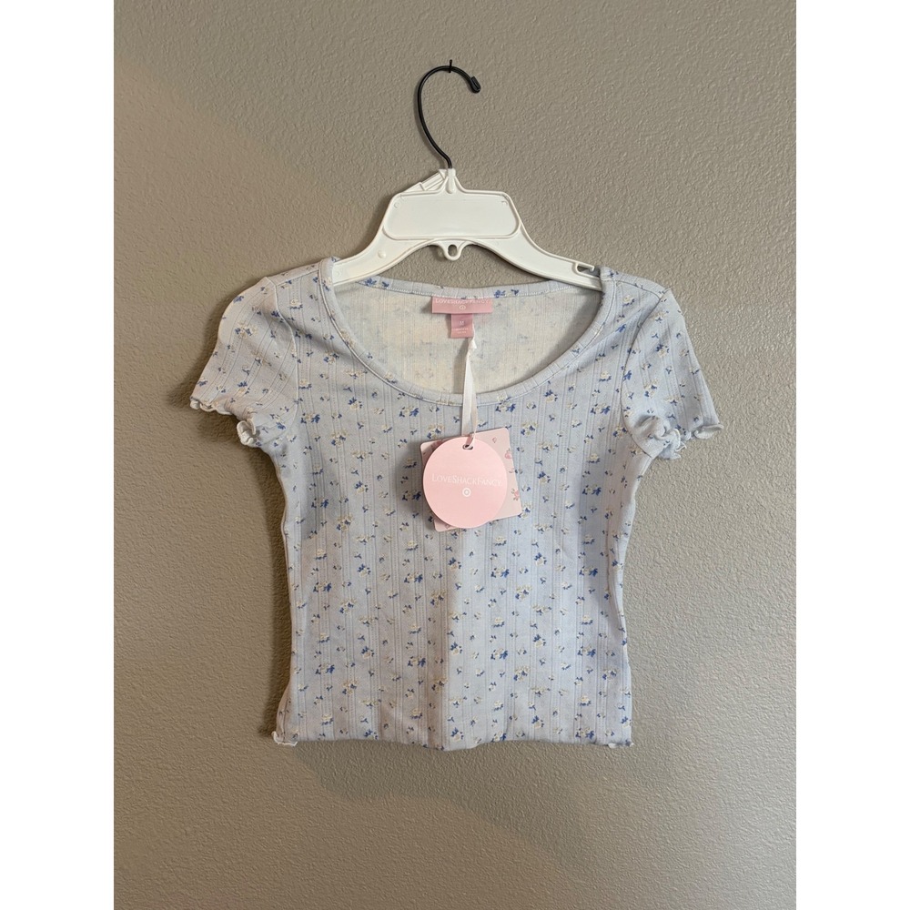 LoveShackFancy Target Blue Floral Ribbed Lettuce Edge Top Size M Kids